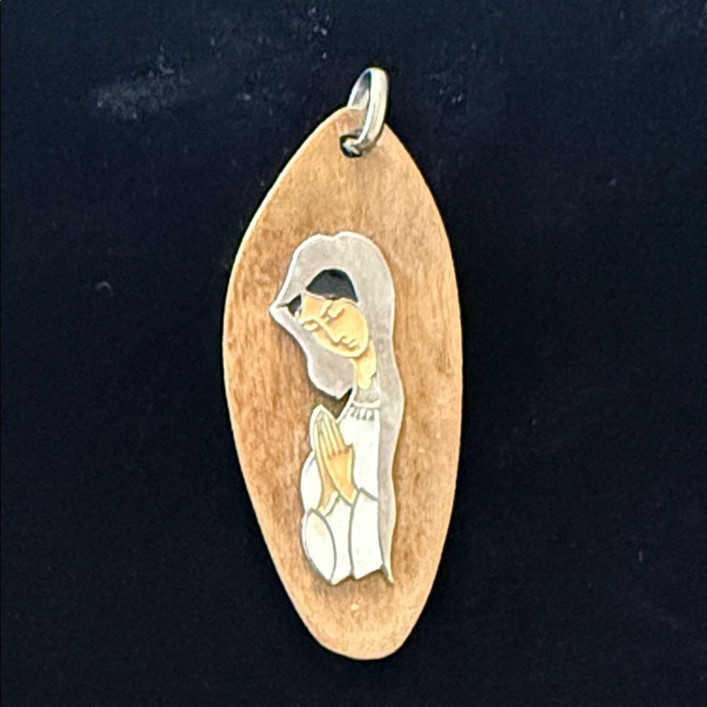 Vintage Dag Spain enamel praying Madonna on wood pendant